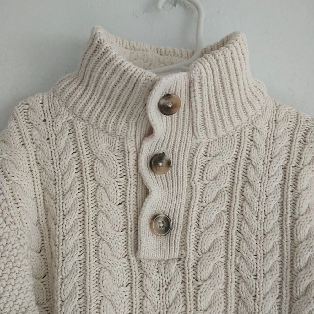 Gap Kids Sweater Boys M/8 Cream Cable Knit Chunky Sherpa Collar CottonFisherman